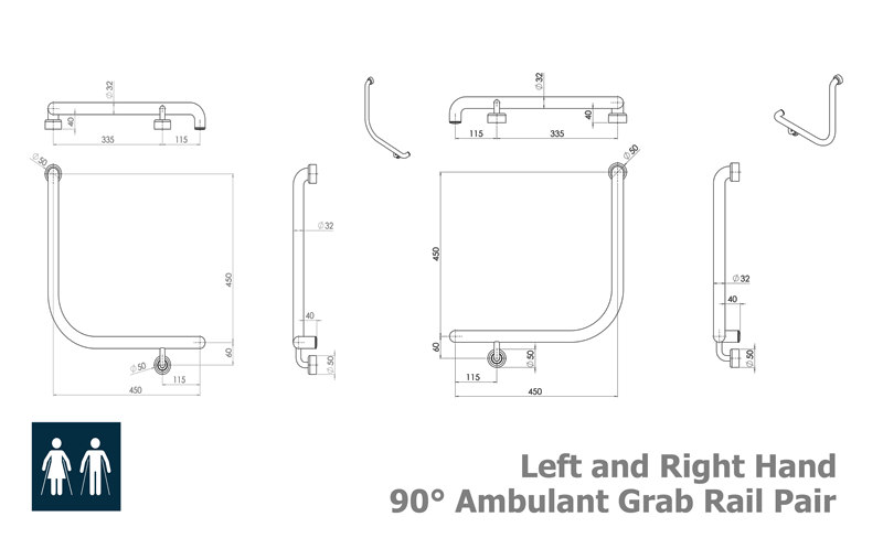 Thornthwaite Ambulant Toilet 90° Grab Rail (LH) and (RH) 450x450mm Set